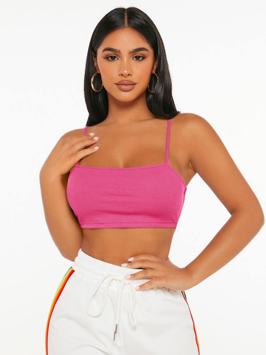 SHEIN PETITE 素色露背吊帶短上衣 - 玫紅色 - 查看 1