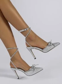 Fall/Winter Fashion Open Back Rhinestone Embellished High Heel Pumps, Sexy Party & Wedding Shoes For Women,Elegant - Silver - View 4