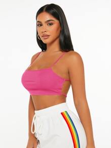 SHEIN PETITE 素色露背吊帶短上衣 - 玫紅色 - 查看 4