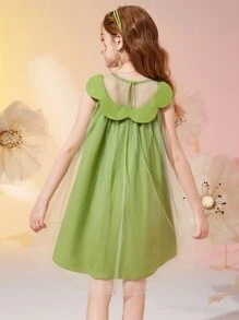 女孩網紗覆蓋貝殼邊無袖連衣裙 - 綠色 - 查看 2