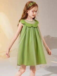 女孩網紗覆蓋貝殼邊無袖連衣裙 - 綠色 - 查看 3