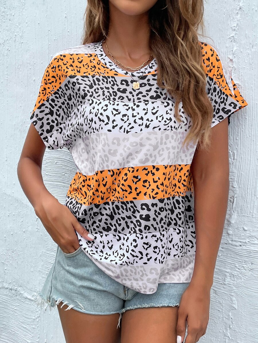 SHEIN LUNE Camiseta con estampado de leopardo de manga murciélago - Multicolor - Ver 1