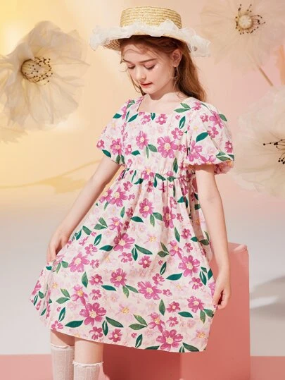 ASK JUNIOR 花俏少女時尚花卉印花裙,後背有大蝴蝶結