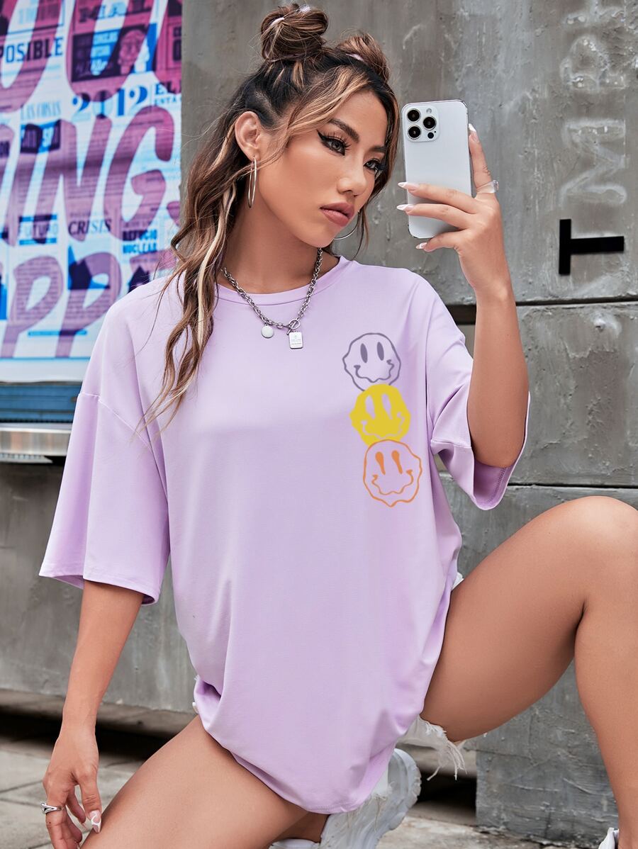 SHEIN EZwear Cartoon Graphic Drop Shoulder Tee - Purple - View 1