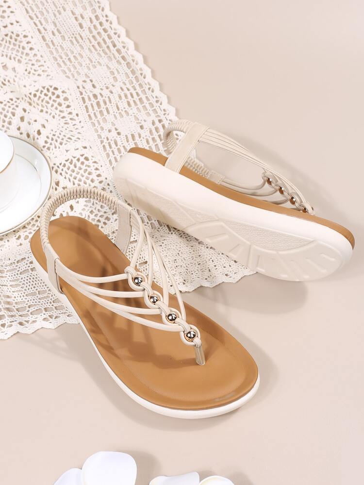 時尚T字帶涼鞋適用於女士圓形裝飾夾腳設計涼鞋 - 米色 - 查看 3