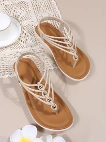 Fashion Thong Sandals For Women, Round Decor Toe Post Design Sandals - Beige - View 4