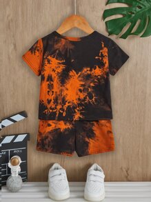 SHEIN Leap Crew 男嬰紮染T恤和短褲 - 橘色 - 查看 2