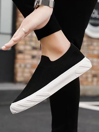 Men Slip On Sneakers, Sporty Black Fabric Skate Shoes