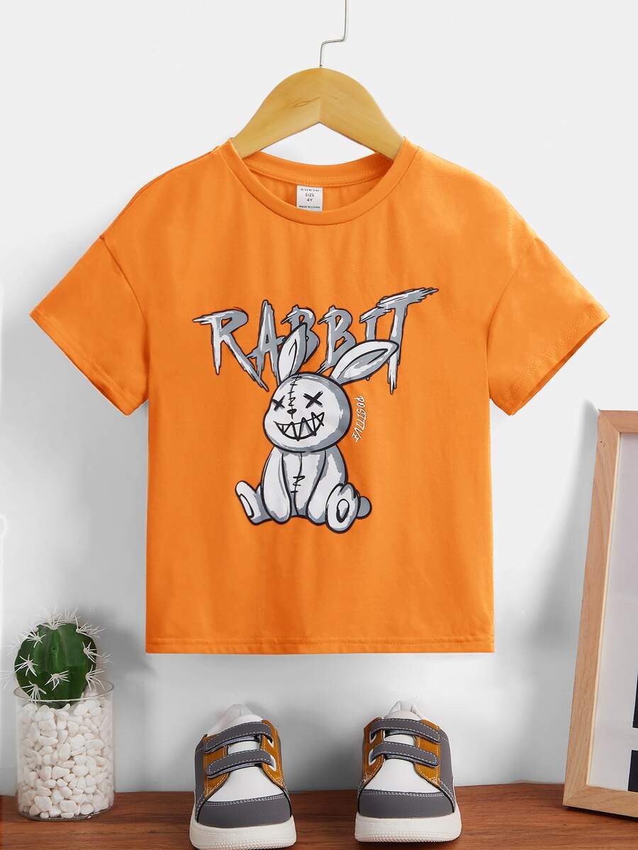 SHEIN 小男童兔子和字母圖案落肩T恤 - 橘色 - 查看 1