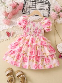 SHEIN Young Girl Pink Floral Printed Vacation Style Round Neck Princess Sleeve Dress For Summer