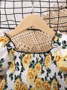 SHEIN 小女童印花泡泡袖層疊下擺洋裝 - 彩色 - 查看 4