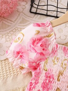 SHEIN Young Girl Pink Floral Printed Vacation Style Round Neck Princess Sleeve Dress For Summer