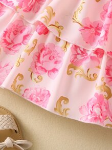 SHEIN Young Girl Pink Floral Printed Vacation Style Round Neck Princess Sleeve Dress For Summer