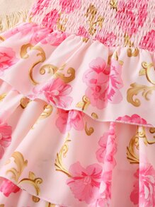 SHEIN Young Girl Pink Floral Printed Vacation Style Round Neck Princess Sleeve Dress For Summer