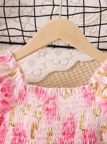 SHEIN Young Girl Pink Floral Printed Vacation Style Round Neck Princess Sleeve Dress For Summer
