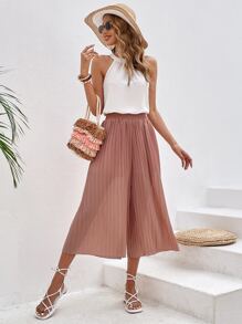 SHEIN Frenchy Solid Halter Top & Plisse Wide Leg Pants - Pink - View 3