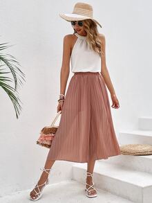 SHEIN Frenchy Solid Halter Top & Plisse Wide Leg Pants - Pink - View 5
