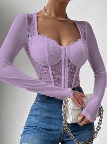 SHEIN Allurite 鉤眼扣緊身上衣短款蕾絲上衣 - 紫丁香色 - 查看 4