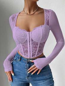 SHEIN Allurite 鉤眼扣緊身上衣短款蕾絲上衣 - 紫丁香色 - 查看 6