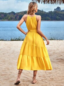 SHEIN VCAY Solid Ruffle Hem Halter Dress