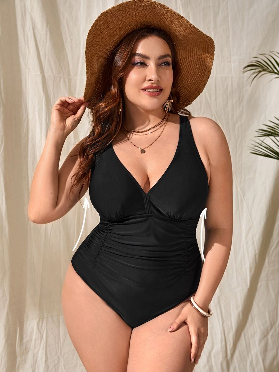 SHEIN Swim Curve Plus Ruched One Piece Swimsuit, For Summer Beach Vacation - Black - View 1