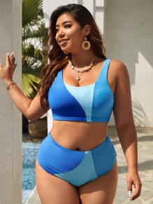 Swim Vcay Plus Size Color Block Bikini Set Bãi biển mùa hè - Màu xanh lam - Xem 3