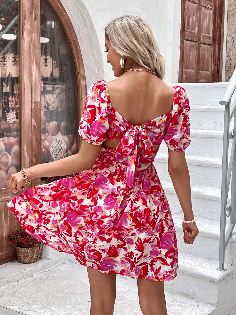 SHEIN Frenchy Floral Print Tie Backless Puff Sleeve Dress Summer Vacation Flower - Multicolor - View 1