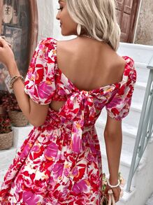 SHEIN Frenchy Floral Print Tie Backless Puff Sleeve Dress Summer Vacation Flower - Multicolor - View 4