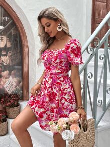 SHEIN Frenchy Floral Print Tie Backless Puff Sleeve Dress Summer Vacation Flower - Multicolor - View 6