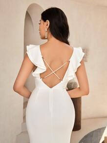 SHEIN Belle Ruffle Trim Mermaid Hem Wedding Dress - White - View 6