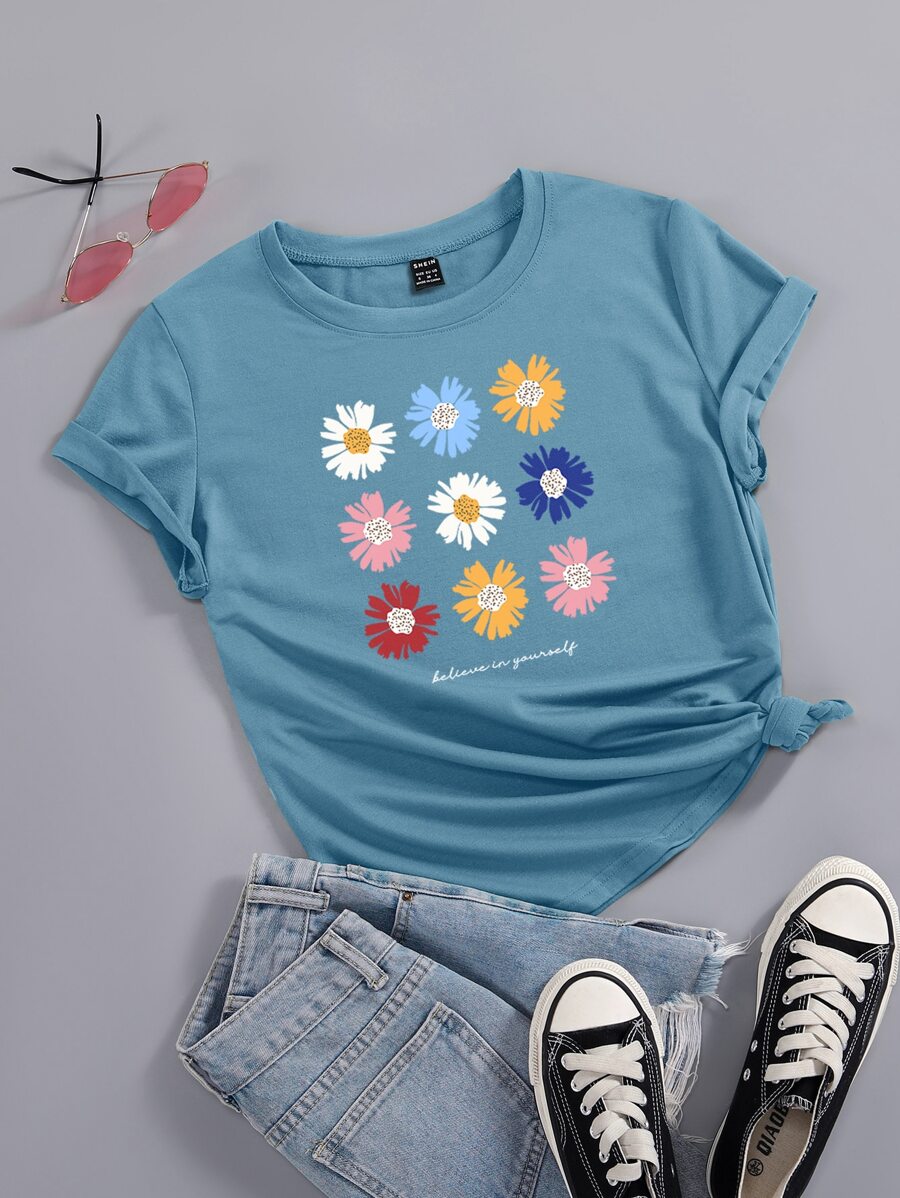 SHEIN Unity Floral & Letter Graphic Tee Believe In Yourself - Dusty Blue - View 1