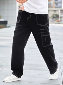 Manfinity Roghcode Men Top-Stitching Flap Pocket Side Cargo Jeans - Black - View 3