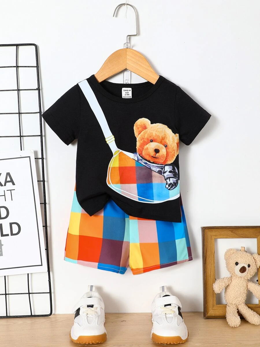 男嬰包和小熊印花T恤和彩色格紋短褲 - 彩色 - 查看 1