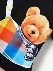 男嬰包和小熊印花T恤和彩色格紋短褲 - 彩色 - 查看 3