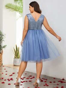 Plus Contrast Sequin Mesh Dress - Baby Blue - View 2