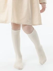 2 双儿童四季纯色黑白条纹长筒袜，透气 - 白色 - 查看 2