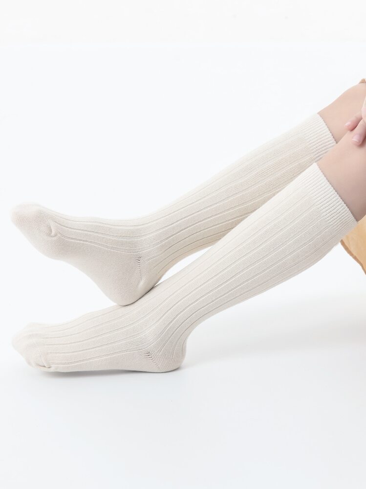 2 双儿童四季纯色黑白条纹长筒袜，透气 - 白色 - 查看 3