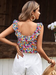 SHEIN Frenchy 滿版印花荷葉邊上衣 - 彩色 - 查看 1