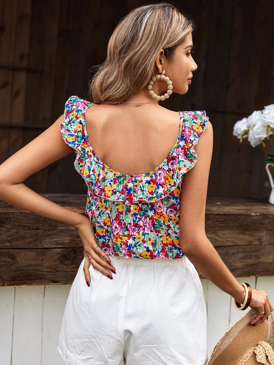 SHEIN Frenchy 滿版印花荷葉邊上衣 - 彩色 - 查看 1