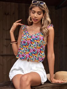 SHEIN Frenchy 滿版印花荷葉邊上衣 - 彩色 - 查看 5