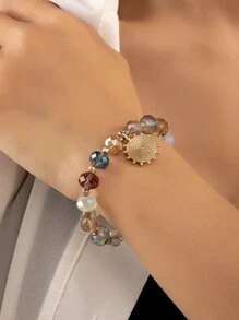 Round Charm Beaded Bracelet - Multicolor - View 1