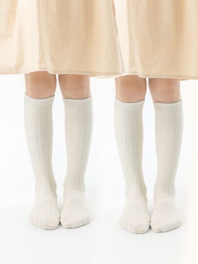 2pairs All-Season Solid Black & White Striped Long Tube Socks For Children, Breathable