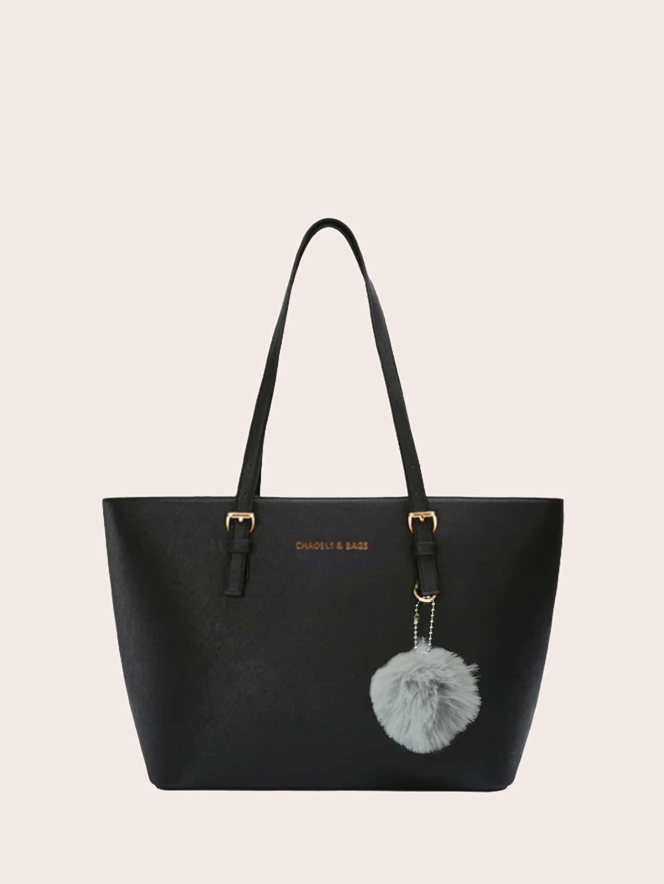 Pom Pom Decor Tote Bag - Black - View 1