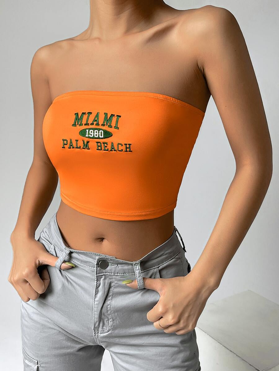 SHEIN EZwear Top bandeau con bordado con estampado de letra - Naranja - Ver 1