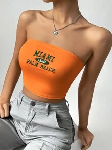 SHEIN EZwear Top bandeau con bordado con estampado de letra - Naranja - Ver 3