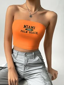 SHEIN EZwear Top bandeau con bordado con estampado de letra - Naranja - Ver 4