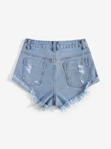 SHEIN PETITE 破洞毛邊牛仔短褲 - 淺色水洗藍 - 查看 2