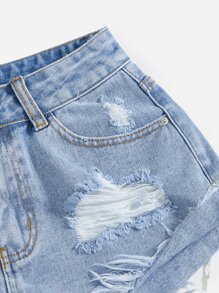 SHEIN PETITE 破洞毛邊牛仔短褲 - 淺色水洗藍 - 查看 4
