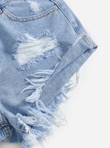 SHEIN PETITE 破洞毛邊牛仔短褲 - 淺色水洗藍 - 查看 5