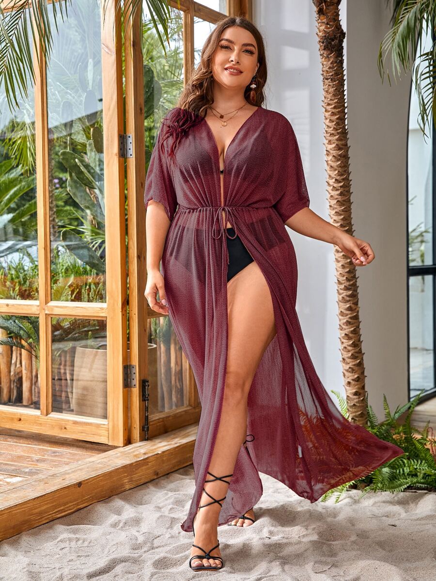 Plus Batwing Sleeve Tie Front Mesh Kimono Without Bikini Set - Burgundy - View 1